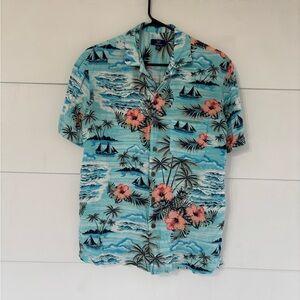George Men’s Small Hawaiian Tropical Shirt Button Up Blue Orange Floral Vacation